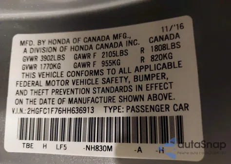 2017 Honda Civic Ex-L из США, поврежденный, VIN 2HGFC1F76HH636913